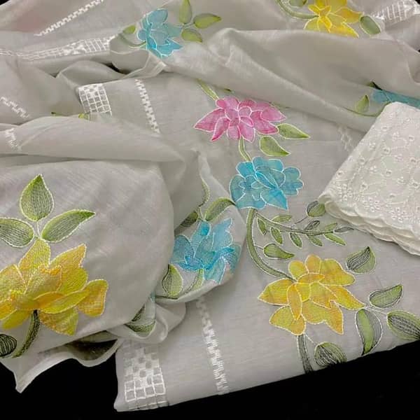 Ashrafi Partywear Dress for Women: Multi Flower Embroidered Paper Cotton Suit, Stylish Dupatta & Chikankari Trouser