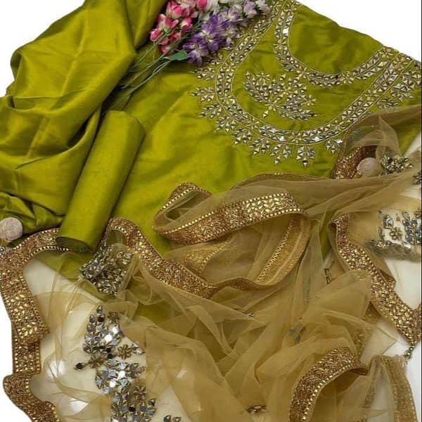 Kataan Silk Unstitched Bridal Partywear 3-Piece Suit with Mirror Work and Golden Net Dupatta