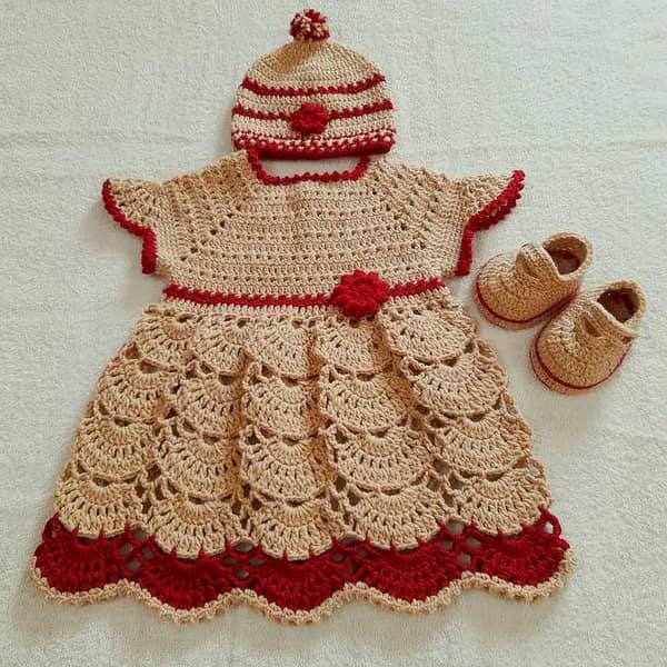 Crochet Dress Set for Baby Girls with Frock, Cap, and Shoes
