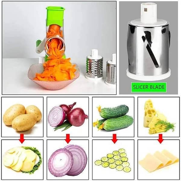 3-in-1 Vegetable Cutter | Multifunctional Drum Slicer & Cheese Grater | Manual Hand Cutter, Slicer, and Peeler for Kitchen | Rotary Grater for Veggies & Kaddu (Pumpkin)