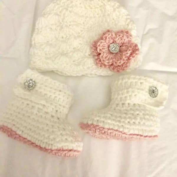Woolen Booties and Cap Set for Baby Girls - Handmade in White