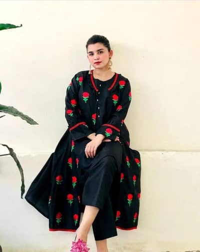 3pc Women's Stitched Katan Silk Embroidered Gown Suit