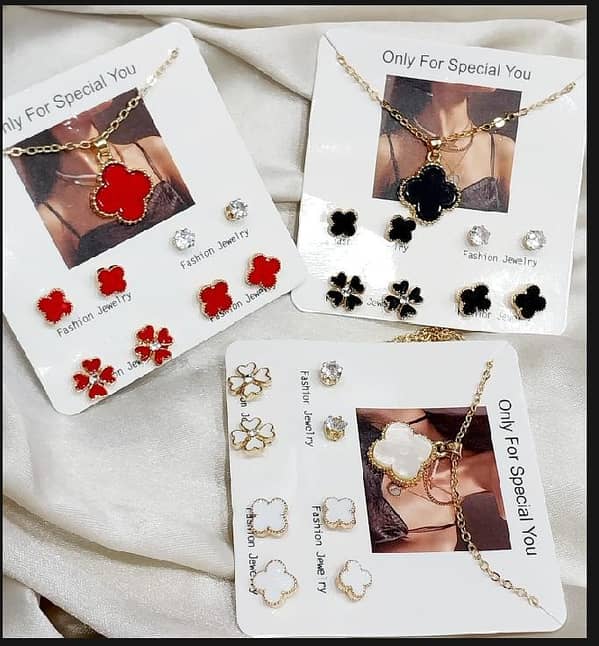 Set of 4 Earring Pairs and Clover Necklace for Women and Girls