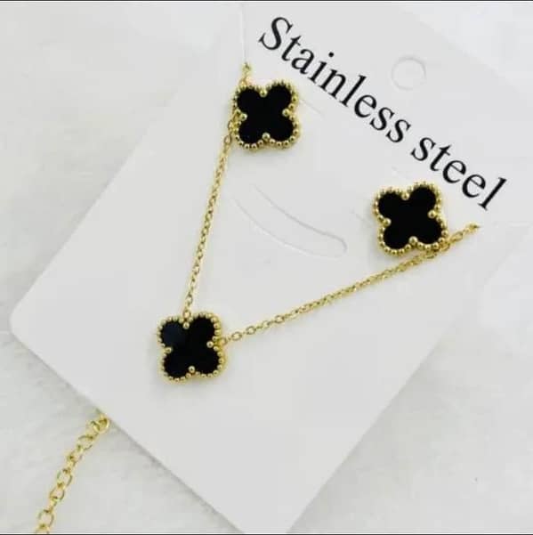 Stainless Steel Black Clover Jewelry Set for Women and Girls: Necklace and Earrings Collection
