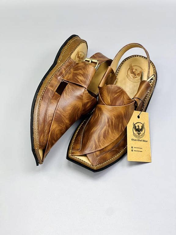 Peshawari Zalmee Chappal in Brown Double Shade Tiger Texture by Khan Khel Wear – Handmade Pure Leather Sandal