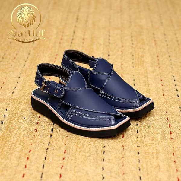 Kaptaan Navy Blue Peshawari Chappal - Handmade Leather Sandals for Men by Khankhel Brand | A Blend of Tradition and Modern Design