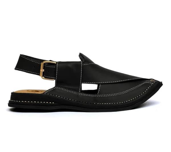 Khan Khel Wear Matte Black Peshawari Zalmee Chappal | Handmade Leather Sandal with Silver Stitching