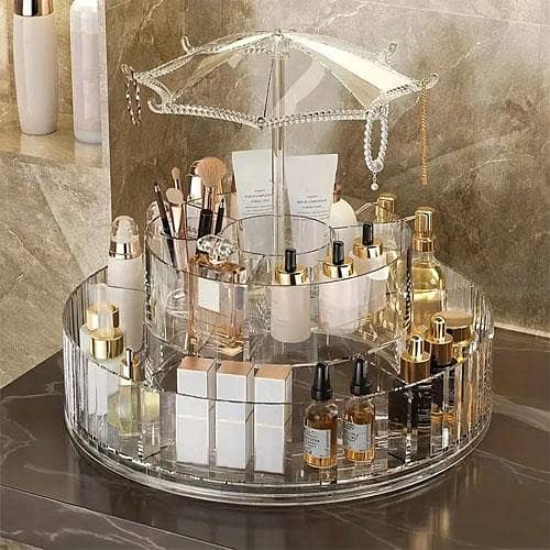 Transparent 360-Degree Rotating Umbrella Makeup Organizer - Large Cosmetic Storage and Display Case for Vanity