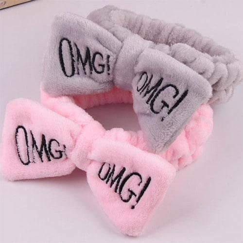 Elastic OMG Letters Bow Facial Hairbands for Women and Girls - Coral Fleece Makeup Headband for Washing Face