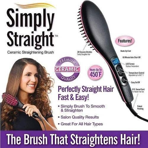 Simply Straight Ceramic Hair Straightening Brush by ONTEL - Fast Heating, Compact and Travel-Friendly.