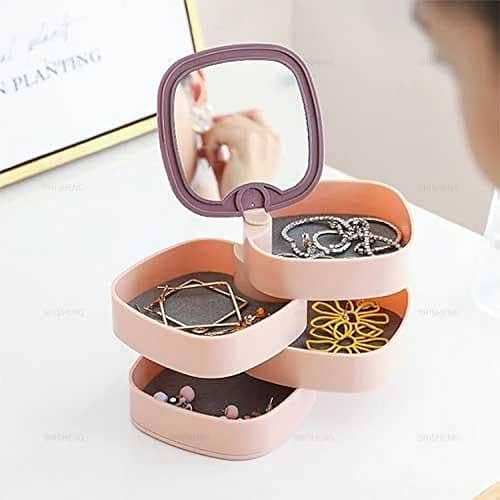 360° Rotatable Jewelry Organizer with Mirror - 4-Layer Storage Case for Earrings, Necklaces, Bracelets, and Rings