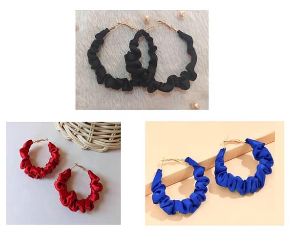 Set of 3 Silk Scrunchie Hoop Earrings for Girls - Trendy Design