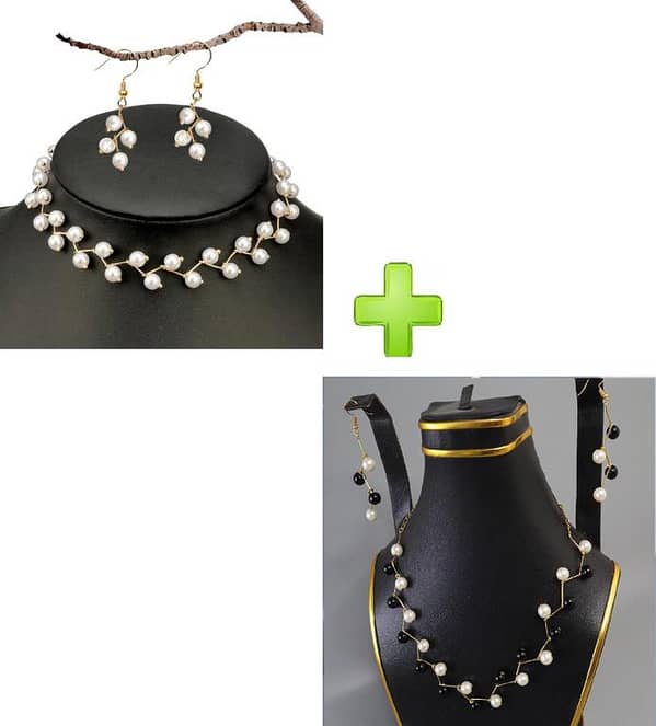 Fashion Pearl Choker Necklace Set for Ladies - Cross Strand Beads and Love Pendant - Bohemian Style Jewelry Gift for Women and Girls