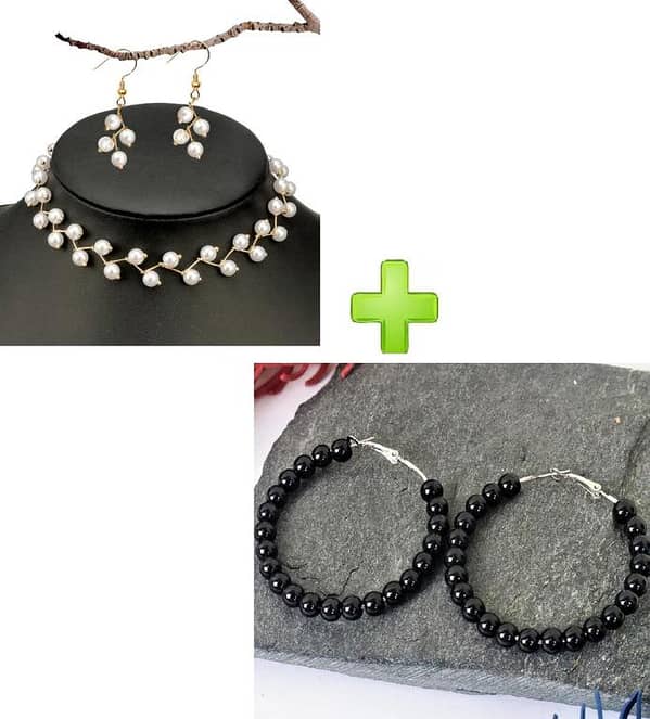 Pearl Choker Necklace Set for Women and Girls - Beaded Collar with Cross Pendant - Bohemian Style