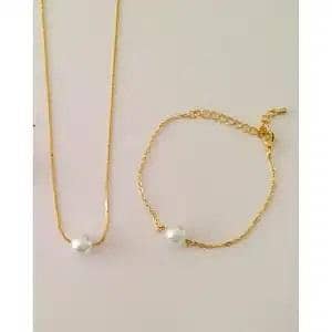 Golden Chain Necklace and Bracelet Set with Single Pearl for Girls