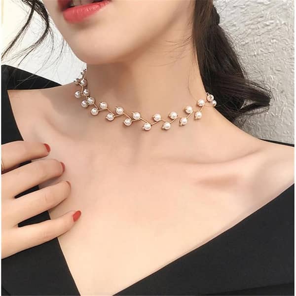Korean Style Pearl Choker Necklace for Women with Gold and Silver Chains
