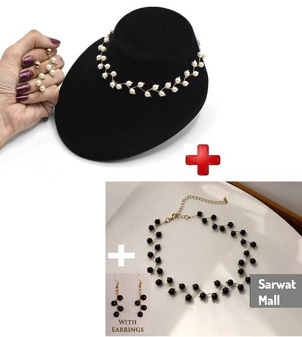 Set of 6 Fashion Jewelry: Pearl Choker Necklace and Earrings for Women and Girls