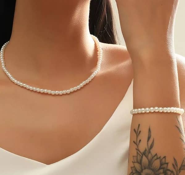 Pack of 2 - Elegant Pearl Bead Choker Necklace for Women with Hand Band