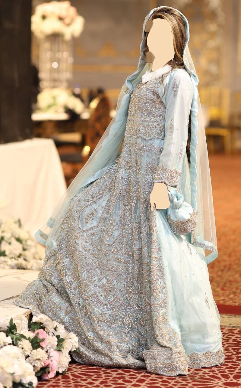 ice blue walima dress Ice Blue Lehenga Bridal Dress in Gown Style for Walima Wear – Nameera by  Farooq main image 0