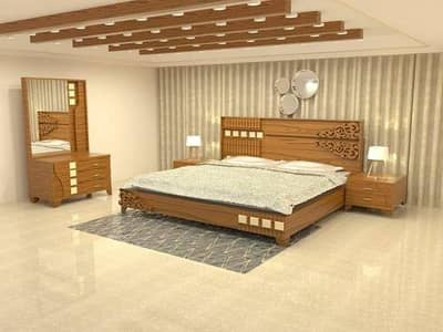 New Excellent Wood design Bed set With 2 side table and dressing table