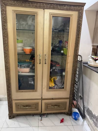 Elegant wooden showcase with 2 glass doors + 2 bottom drawers
