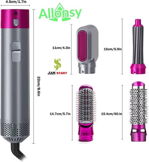 RXN Allonsy 5-in-1 Hair Dryer and Styler - Professional Hot Air Brush, Heated Straightener, Curler, and Volumizer with Carrying Case for Women