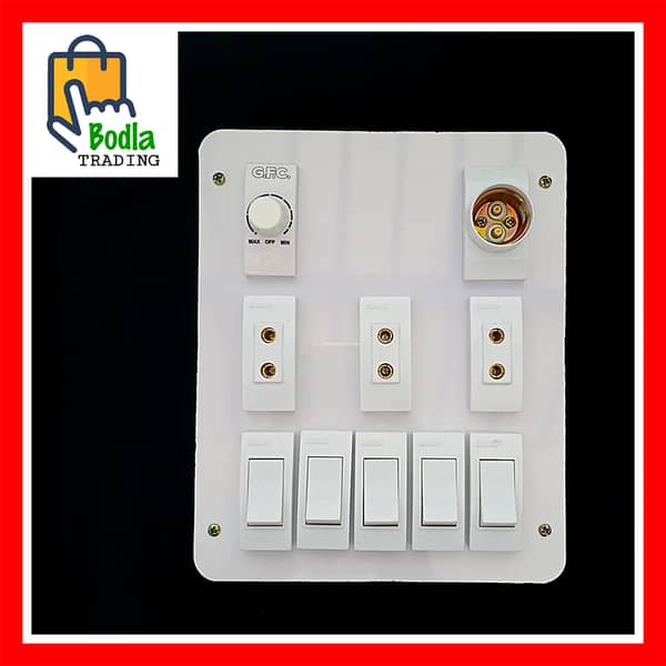 Electric Extension Board with 5 Switches, 3 Sockets, and 1 Fan Dimmer in PVC Box & Fibar Sheet
