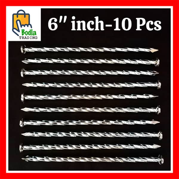 Set of 10 - 6-Inch Hardened Steel Concrete Nails for Wall Use - Silver