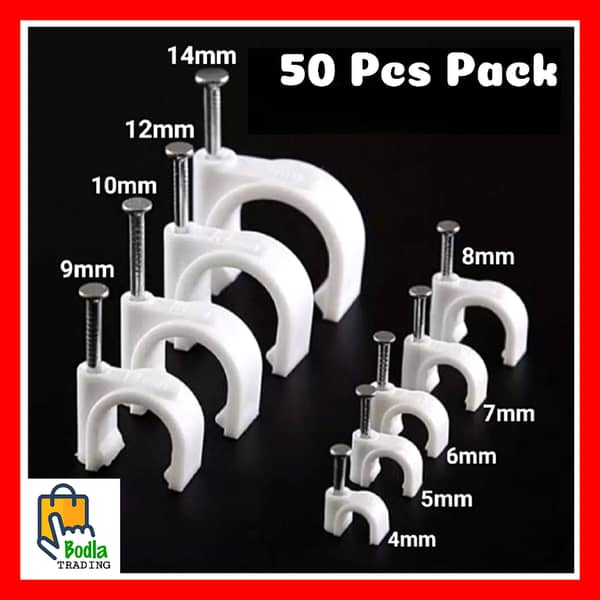 Set of 50 Wire Clips for Cords (4mm to 14mm, NAIL CLIP)