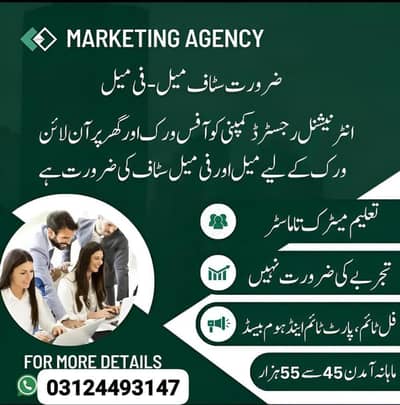 immediate staf required -  Male /Female /students/teacher /housewives