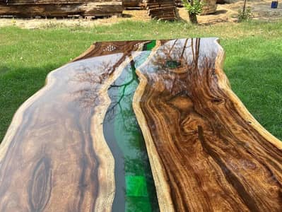 Epoxy resin transparent dining table green colour table size 3&6 feet
