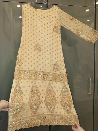 Luxury Golden Long Shirt with Capri | Full heavy Dabka Work