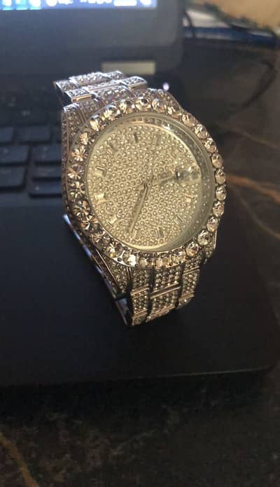 Luxury Hip Hop Fully Iced Out Silver-Tone Quartz Watch w/ Date Display