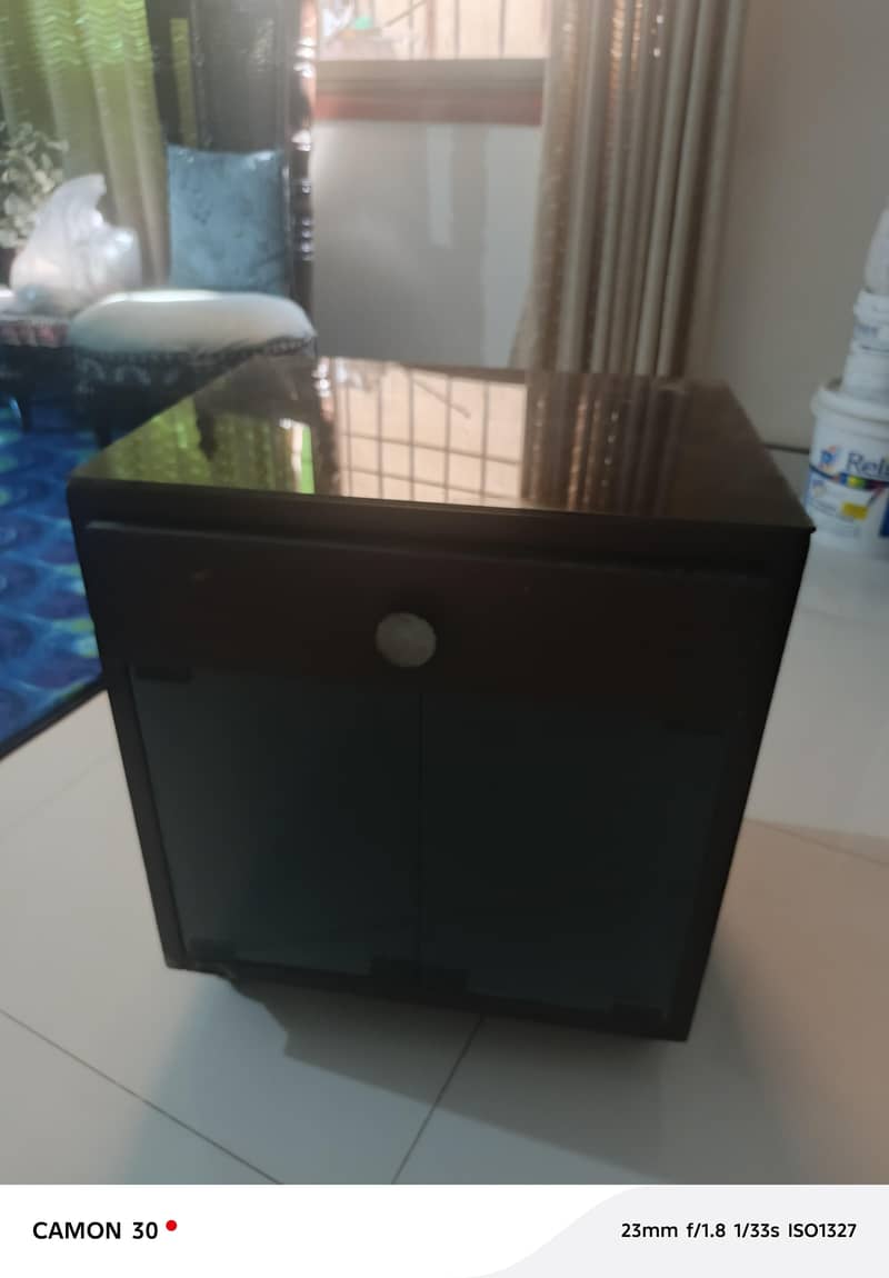 Queen bed with side table. 1