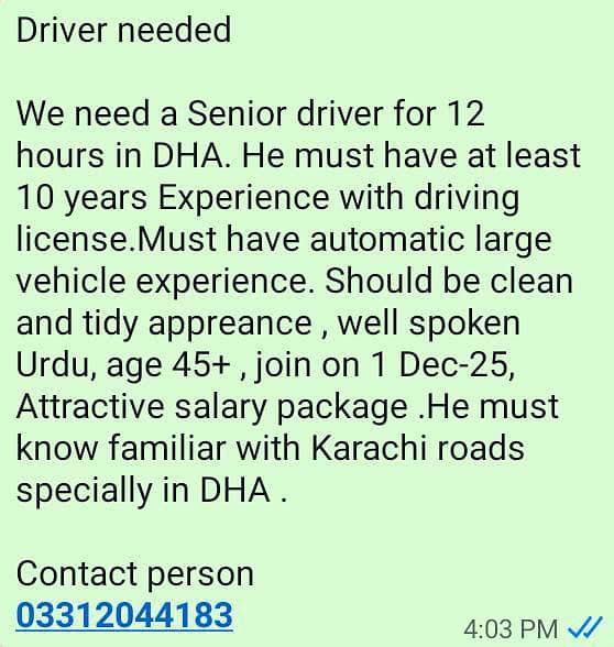 Senior Driver needed 0