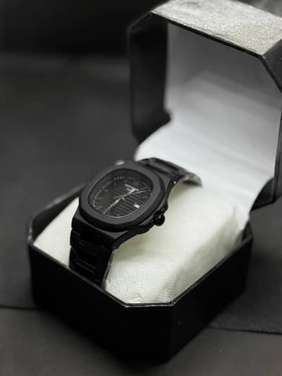 "Luxury Black Patek Philippe Nautilus Style Watch with Full Black Stai