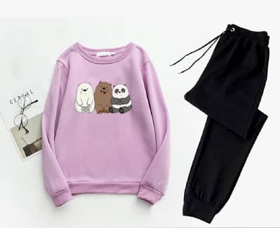 2 pcs women's fleese printed sweatshirt tracksuit