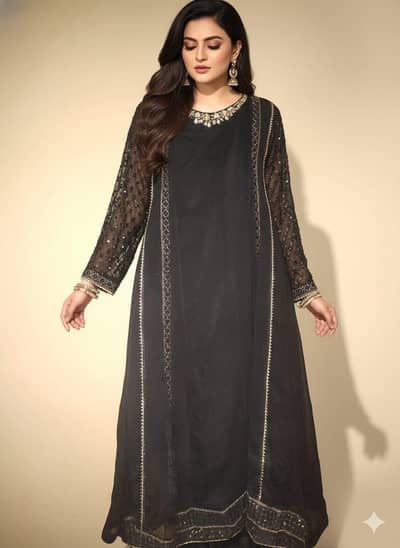 Elegant Black Hand Embroidered Formal Maxi