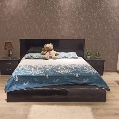 Wooden King size bed, with side tables