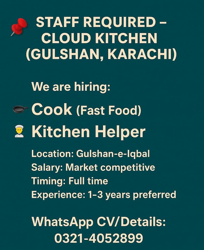 Fast food Cook and Kitchen Helper Required - Restaurants & Hospitality ...