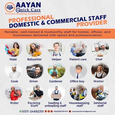 House maids/ Maid/ Nanny/ Helper/ Cook/ Patient Care/ Nurse/ Chef etc