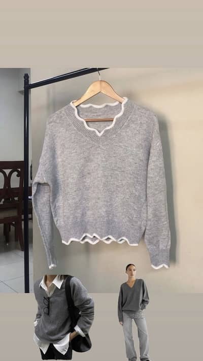 Scallop-Trim V-Neck Knit