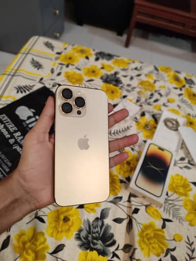 I phone 14 pro Max 128 gb Jv with box gold 89% battery new condition
