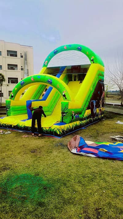 trampoline, swing, gazebo, benches, indoor soft play area, out door pl