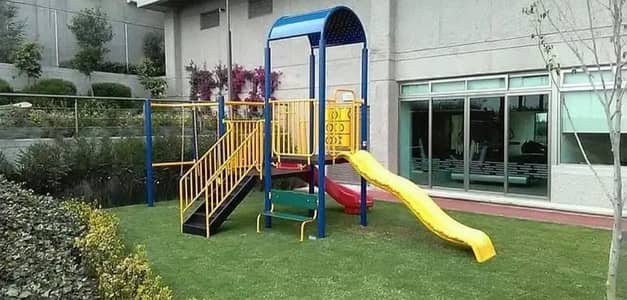 trampoline, swing, gazebo, benches, indoor soft play area, out door pl