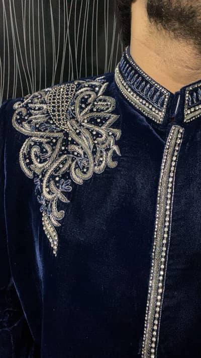 Handmade Sherwani for Groom | Blue Embroided | Dulha Dress|