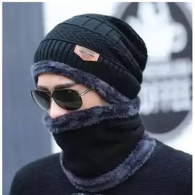 Warm Wool Beanie and Neck Warmer Set - 2 Pcs in Classic Black