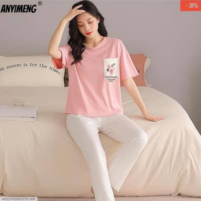 2 Pcs Women's Stitched Printed Night Suit