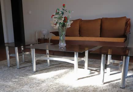 ALUMINUM FRAME COFFEE TABLE WITH TWO SIDE TABLES - GLASS TOP