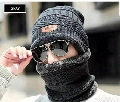 Unisex Woolen Cap With Neck Warmer, Grey